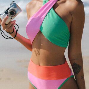Lilipretty Summer Brights Ribbed Color Block Cross Halter Neck High Rise Bikini
